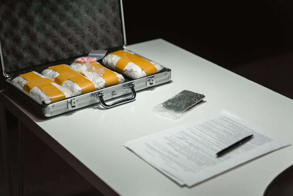 Briefcase with packages and documents on a table, suggesting illegal activity or crime scene investigation.