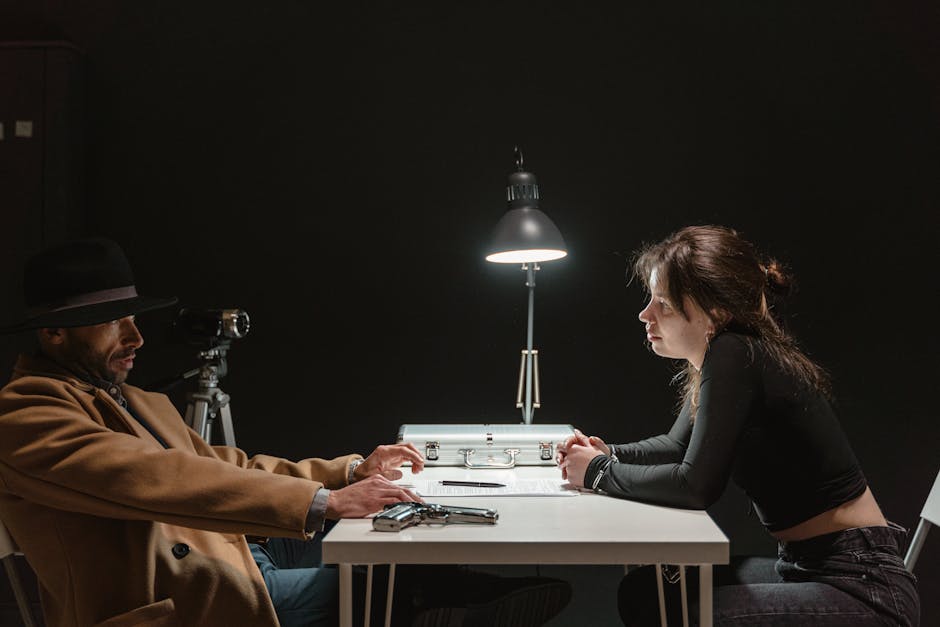 Tense interrogation scene with a man and woman in a dark room under harsh lighting.
