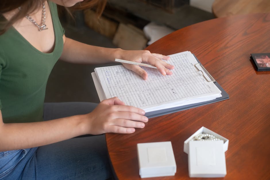 Woman writing with a pen on a clipboard at a wooden table, jewelry box nearby.